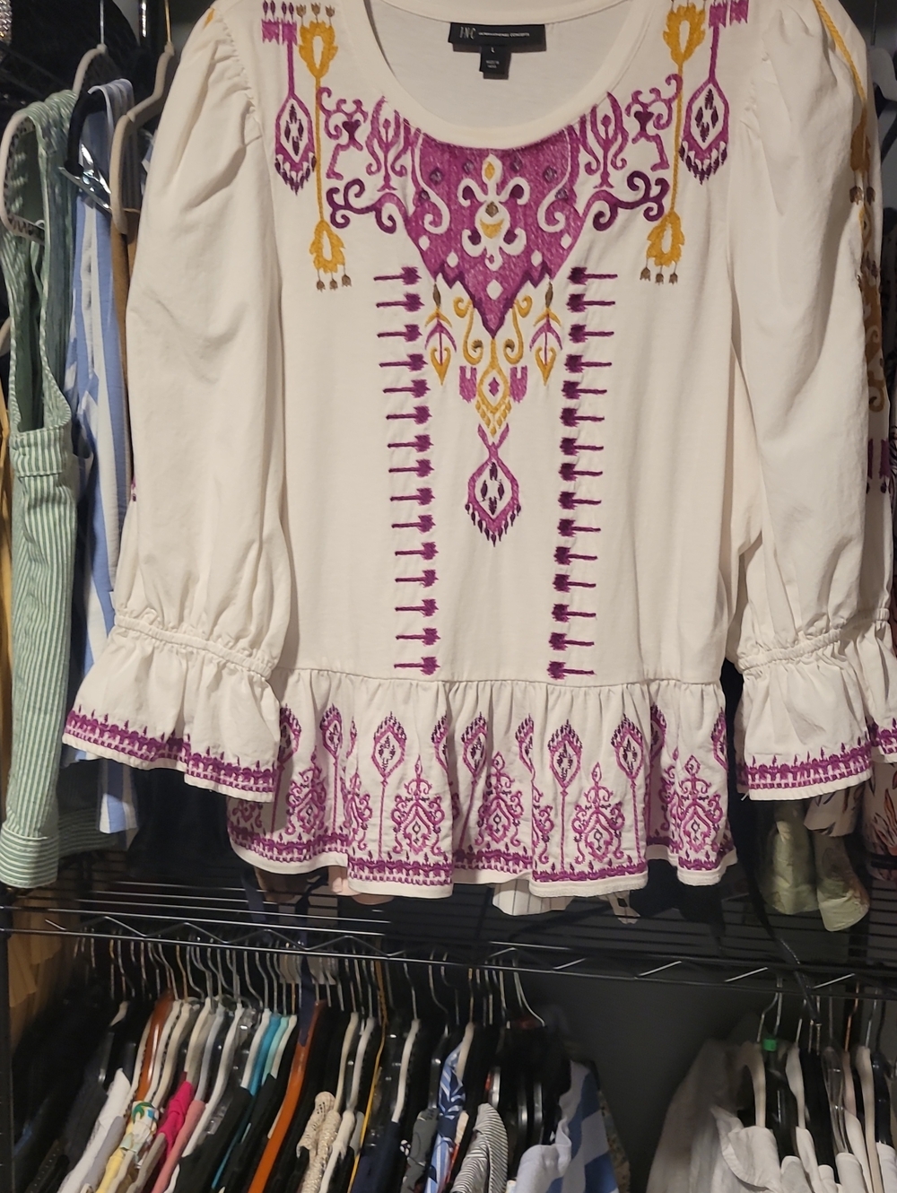 INC International Concepts Cream Tunic with Purple & Gold Embroidery